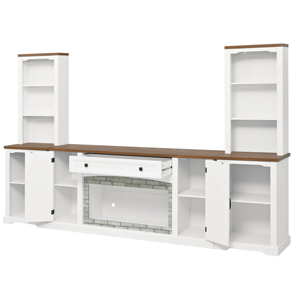 English Elm 3-piece Farmhouse Entertainment Center with Curved Cabinets Walnut Mdf Modular Living Room White N721S000068K