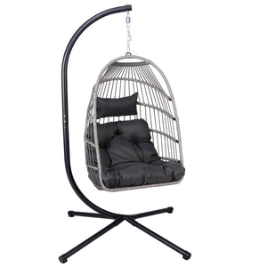 English Elm Foldable Hanging Egg Chair with Stand Pillow, HDPE Wicker, Rust‑Resistant Frame, Cushioned Headrest, 350lb Capacity Gray W2500P369668