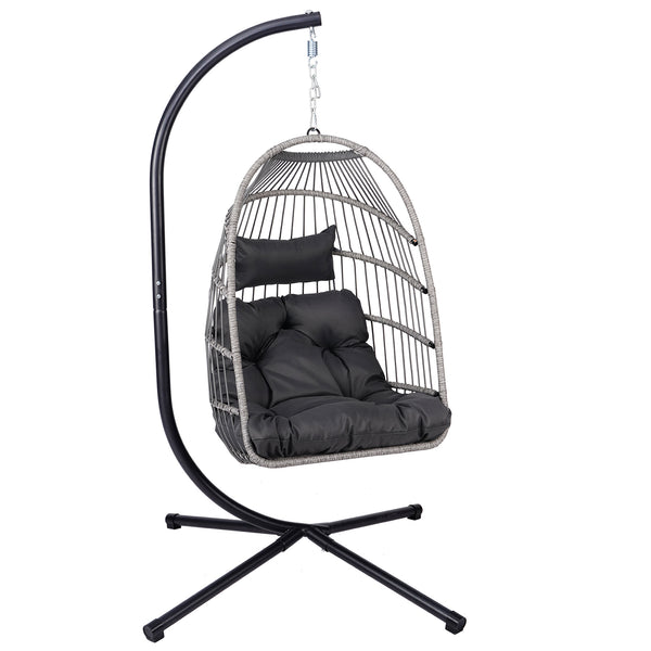 English Elm Foldable Hanging Egg Chair with Stand Pillow, HDPE Wicker, Rust‑Resistant Frame, Cushioned Headrest, 350lb Capacity Gray W2500P369668