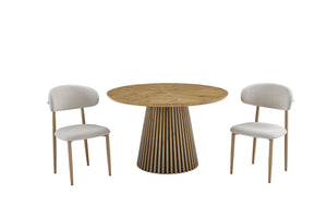 English Elm Round Beech Wood 3 Piece Dining Set with Slatted Legs and Padded Beige Chairs W3590S00025
