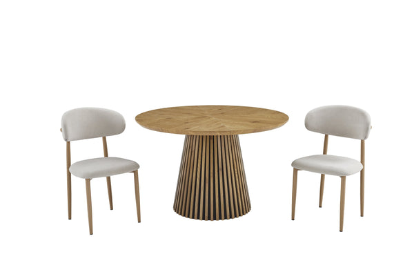 English Elm Round Beech Wood 3 Piece Dining Set with Slatted Legs and Padded Beige Chairs W3590S00025