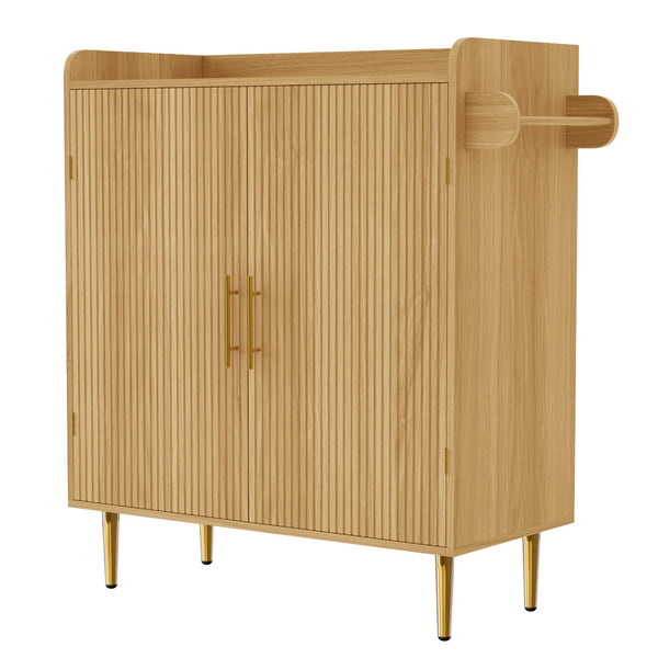 English Elm Modern Fluted Bar Cabinet with Wine Rack Glass Holders Adjustable Shelving and Hidden Drawer Natural N728P438606N