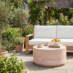 English Elm 27.5" Round Mgo Coffee Table Travertine Stone Finish Indoor Outdoor Patio Use N772P306665T