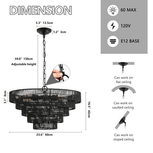 English Elm 24" Rustic 5-Tier Black Hemp Rope Chandelier – 8 E12 Sockets, Adjustable 150cm, Boho Farmhouse Fixture W1340P241299