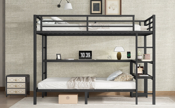 English Elm Full Over Twin Bunk Bed With Integrated Desk, Led Lighting & Usb Ports, Versatile Black Metal Design W1580S00127