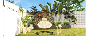 English Elm U_style Wicker Hanging Egg Chair with Stand Foldable Indoor Outdoor Swing Seat Brown+Beige N711P389503K