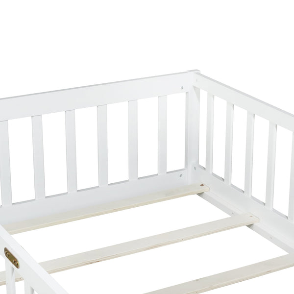 English Elm Twin Low Profile Rubberwood Floor Bed with Full Safety Fence for Toddler Rooms White W504P429335