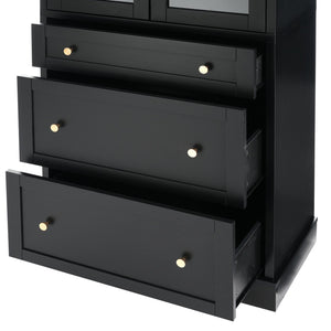English Elm 70.1" Modern Tall Storage Cabinet with 3 Drawers, 2 Adjustable Shelves, Soft-Close Glass Doors, Gold Handles Black N729P271979B