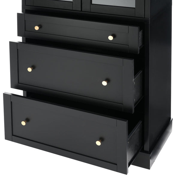 English Elm 70.1" Modern Tall Storage Cabinet with 3 Drawers, 2 Adjustable Shelves, Soft-Close Glass Doors, Gold Handles Black N729P271979B