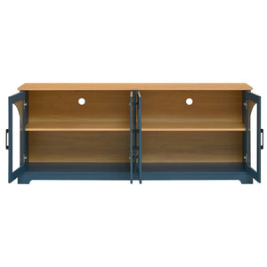 English Elm Farmhouse Media Console with Arched Glass Doors Wood Grain Two Tone Living Room Storage Blue N721P411204C