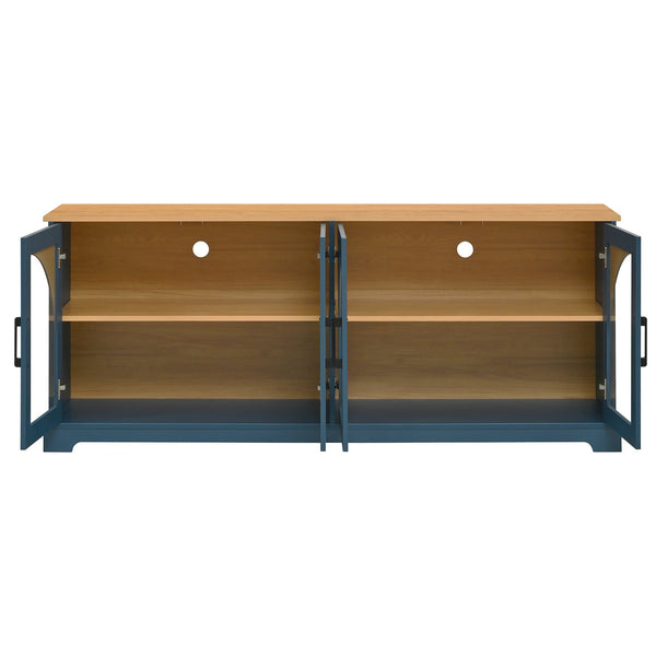English Elm Farmhouse Media Console with Arched Glass Doors Wood Grain Two Tone Living Room Storage Blue N721P411204C