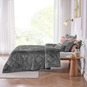 JLA Home Intelligent Design - Velvet Plush Comforter Set with Diamond Quilting, Hypoallergenic Fill and Machine-Washable Ease Grey ID10-1792