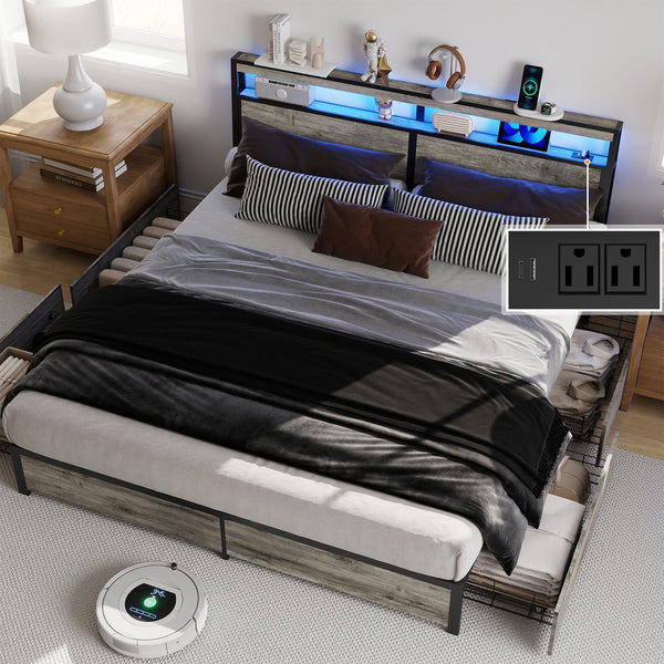 English Elm Queen Metal Platform Bed with Rgb Led Headboard Charging Station and Underbed Storage T3963P482853