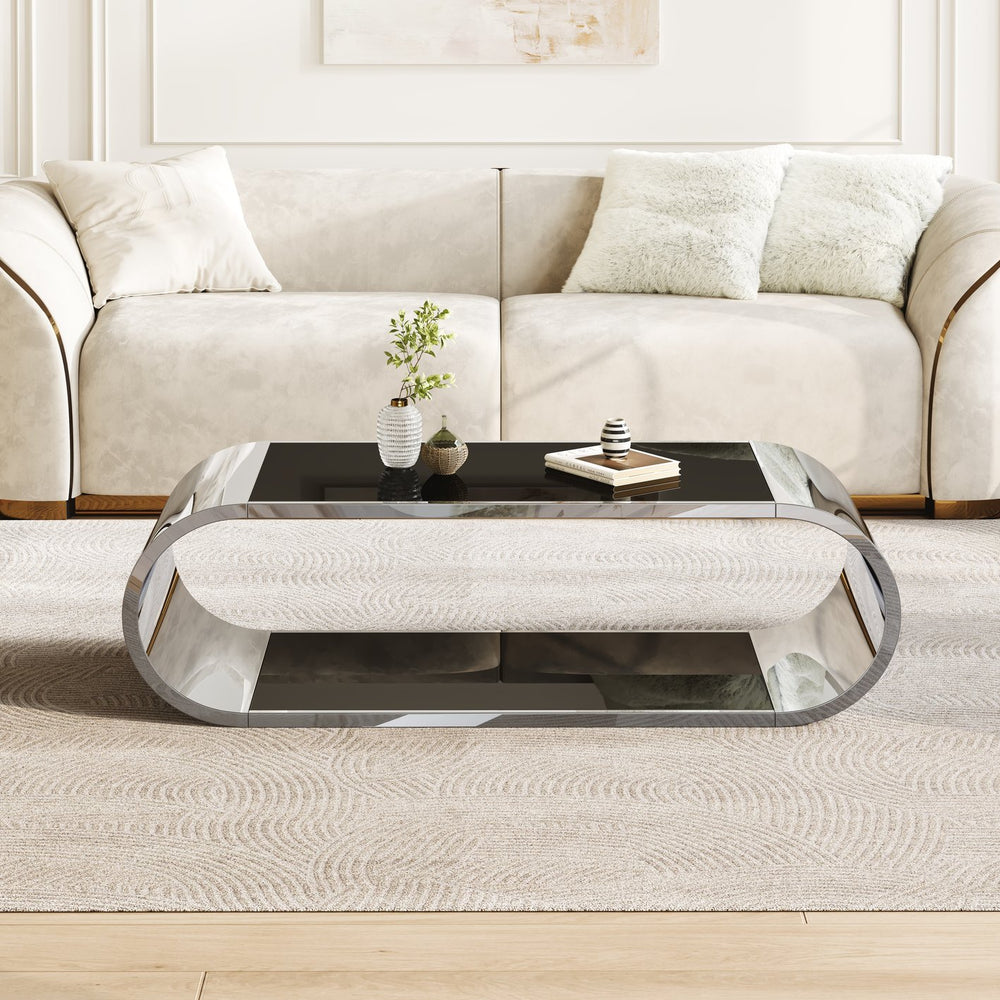 English Elm 57" Oval Silver Stainless Coffee Table with Black Tempered Glass, 2-Tier Storage, Modern Durable Design W3456S00029