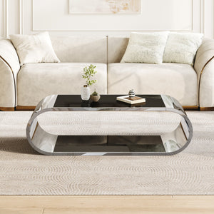 English Elm 57" Oval Silver Stainless Coffee Table with Black Tempered Glass, 2-Tier Storage, Modern Durable Design W3456S00029