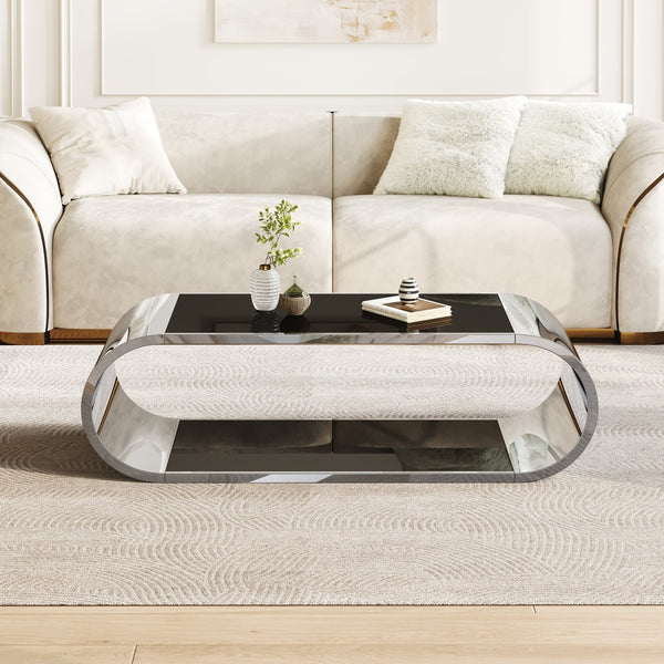 English Elm 57" Oval Silver Stainless Coffee Table with Black Tempered Glass, 2-Tier Storage, Modern Durable Design W3456S00029