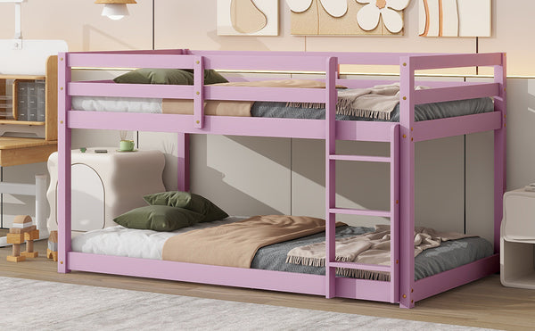 English Elm Solid Twin over Twin Floor Bunk Bed Pink – Solid Rubberwood Low-Height Platform with Ladder, Sturdy Slats, 200lb Capacity and Versatile Under-Bed Space for Kids Rooms (46.6"H x 77.3"L) W504P208048
