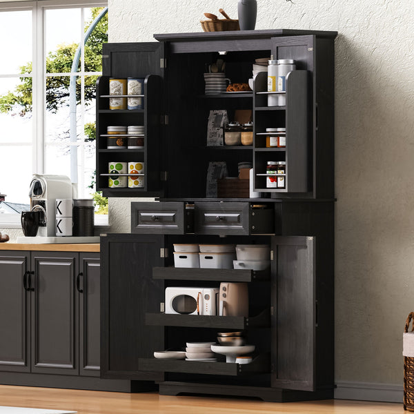 English Elm K&K 71" Tall Farmhouse Pantry Cabinet with Groove Edges, 3 Pull-Out Organizers, 6 Door Shelves Black N707P256507B