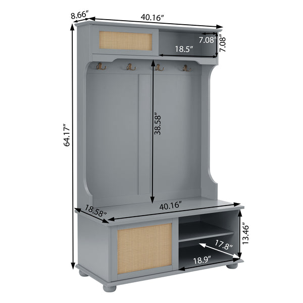 English Elm Clothes Hall Tree Storage Bench with Adjustable Shelves, Sliding Doors, Solid Poplar Feet & Shoe Bench Gray W2275P210041