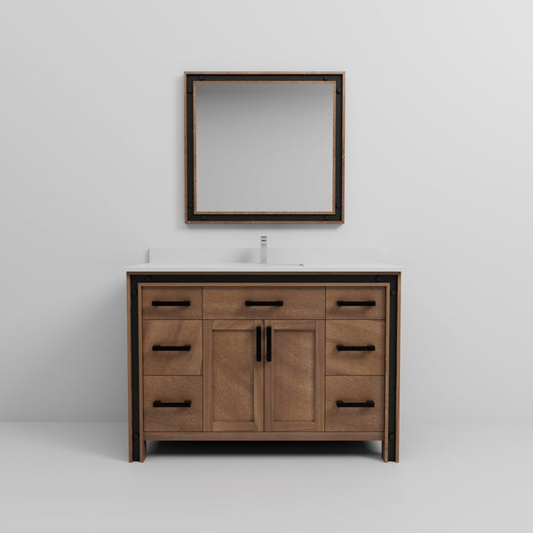 English Elm Rustic Barnwood 48" Bath Vanity with White Quartz Top, Chrome Faucet, 34" Mirror, Scratch-Resist Durable B2731S01347