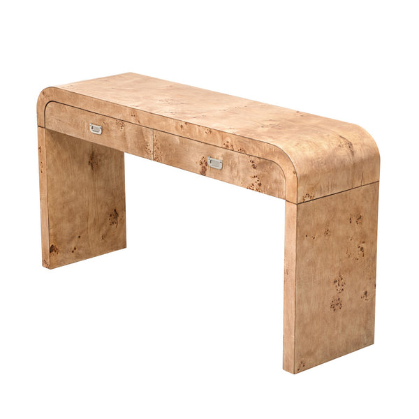 English Elm U_style Burl Veneer Console Table with Two Drawers for Foyer Living Room Hallway Natural Wood+Brown N711P216235D