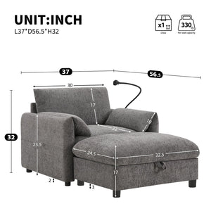 English Elm 37" Oversized Chenille Armchair with Ottoman Usb Charging Pocket Spring Living Room Gray N723P387145E