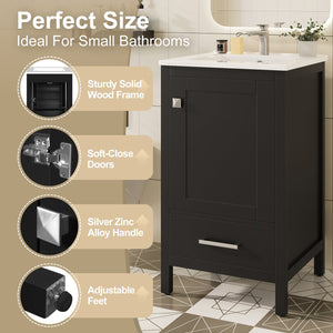 English Elm 20-Inch Compact Bathroom Vanity with Ceramic Sink, Soft-Close Storage, Divider Drawer & Easy Plumbing Access Black N729P334847B
