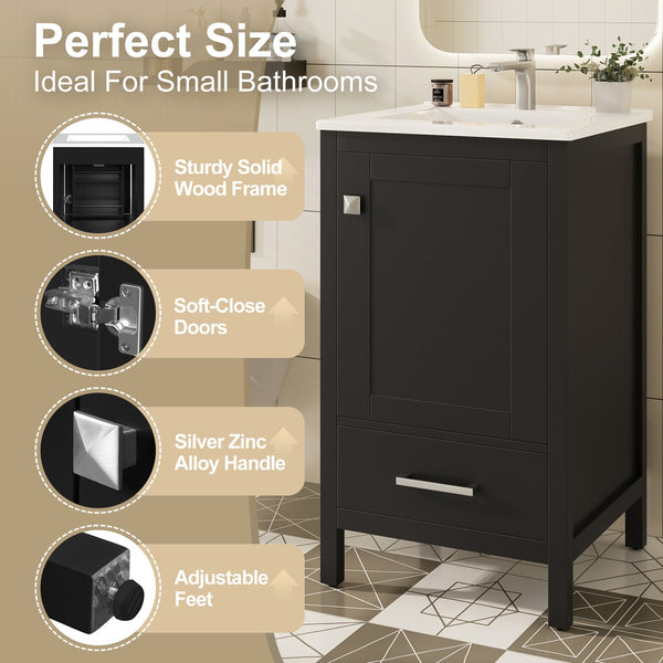English Elm 20-Inch Compact Bathroom Vanity with Ceramic Sink, Soft-Close Storage, Divider Drawer & Easy Plumbing Access Black N729P334847B