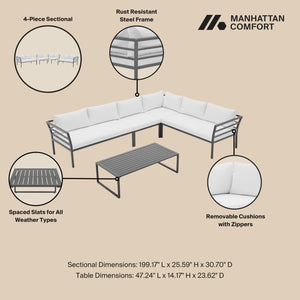 English Elm Sunnyside Outdoor 5-Piece Conversation Set Seats 6 with Waterproof Cushions, UV-Resistant Steel Frame and Slatted Coffee Table White B365S00105