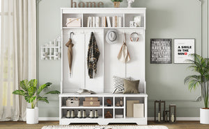 English Elm Modern Entryway Hall Tree with Six Hooks Bench Seat and Open Shoe Cubbies White W1580S00617