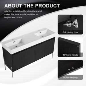 English Elm 60" Freestanding Bathroom Vanity with Dual Resin Sinks, Spacious Soft-Close Cabinet Storage, Durable Finish Dark Oak W1972S00016