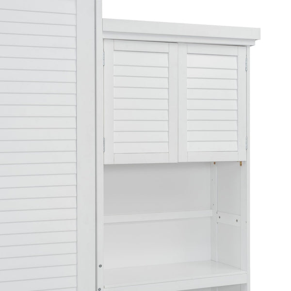 English Elm Queen Size Murphy Bed With Stylish Louvered Design, Multi-Storage Shelves, And Elegant White Finish N7090004018K-GIGA