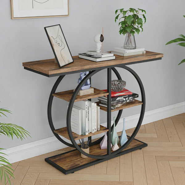 English Elm 41.3 Inch Five Tier Industrial Console Table Rustic Wood Shelves Round Metal Frame W3101P460015