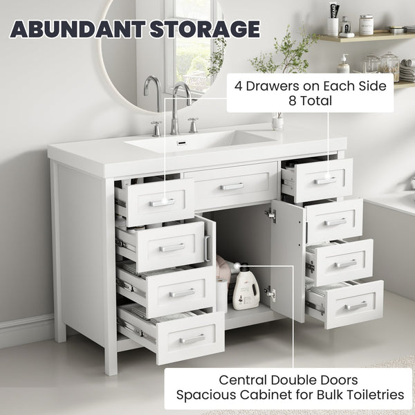 English Elm Christopher Knight Home® - 48" Bathroom Vanity with Sink Combo | 2 Doors 8 Soft-Close Drawers, Resin Top, Pine Legs White N759S337621K