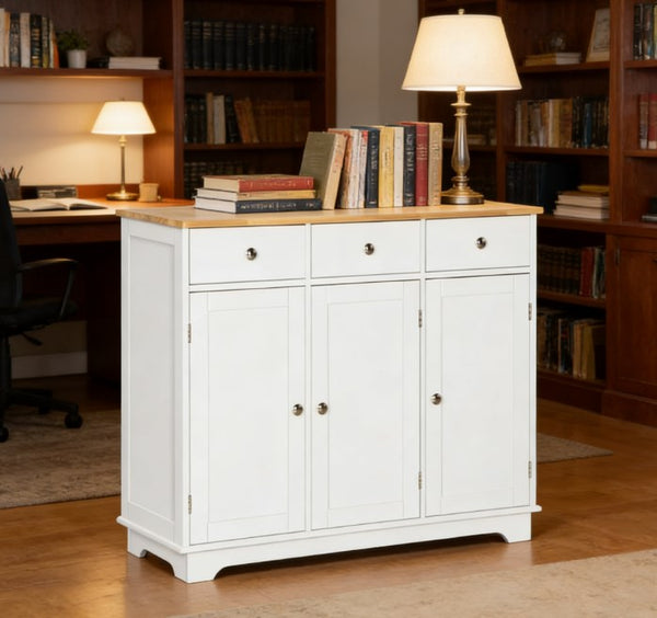 English Elm Adjustable Freestanding Kitchen Hutch with Glass Doors Microwave Station and Drawers T3971P429261