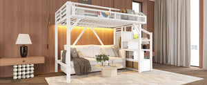 English Elm Full Xl Over Twin Triple Metal Bunk Bed with Storage Stairs and Shelves Black White W1580S00408