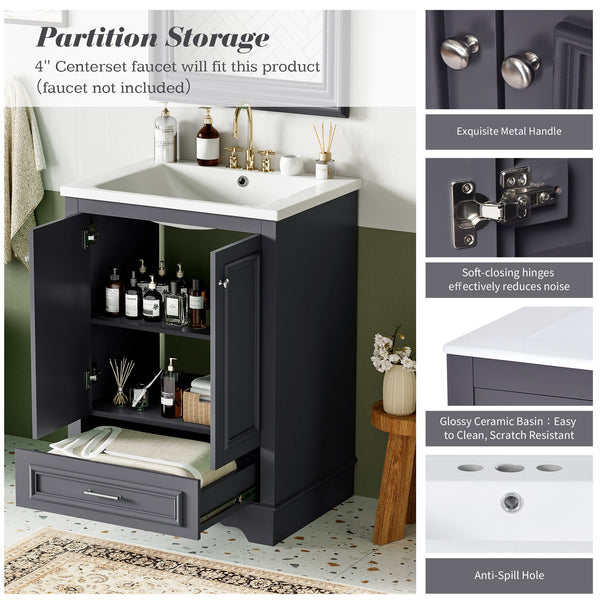 English Elm 24'' Bathroom Vanity with Ceramic Sink Combo Modern Freestanding MDF Cabinet with Soft-Close Doors and Sleek Silver Handles for Spacious Organized Bathroom Storage Blue Gray N710P194893C