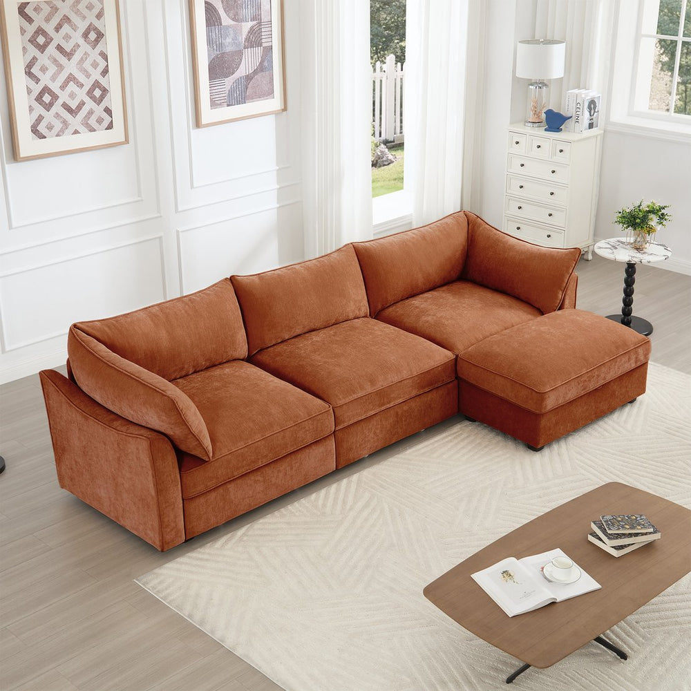 English Elm L-Shaped 3-Seater Sectional Sofa With Movable Ottoman, Chenille Orange, Smart Storage & Comfort W3041S00206