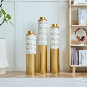 English Elm Floor Modern Metal Vase Set - Elegant Droplet Shaped White & Gold Accents For Glamorous Home Decor W2796P290484