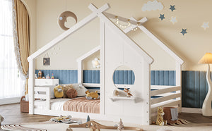 English Elm Twin House Bed Low Profile Pine Wood Frame with Shelf Montessori Kids Floor Sleeping Light White W5305P429644