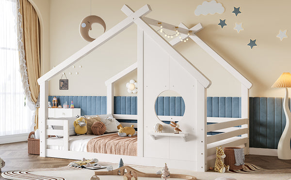 English Elm Twin House Bed Low Profile Pine Wood Frame with Shelf Montessori Kids Floor Sleeping Light White W5305P429644