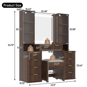 English Elm 43.5" Fluted Makeup Vanity with Led Mirror Glass Top Gold Hardware and Storage Stool Brown N704G202305P