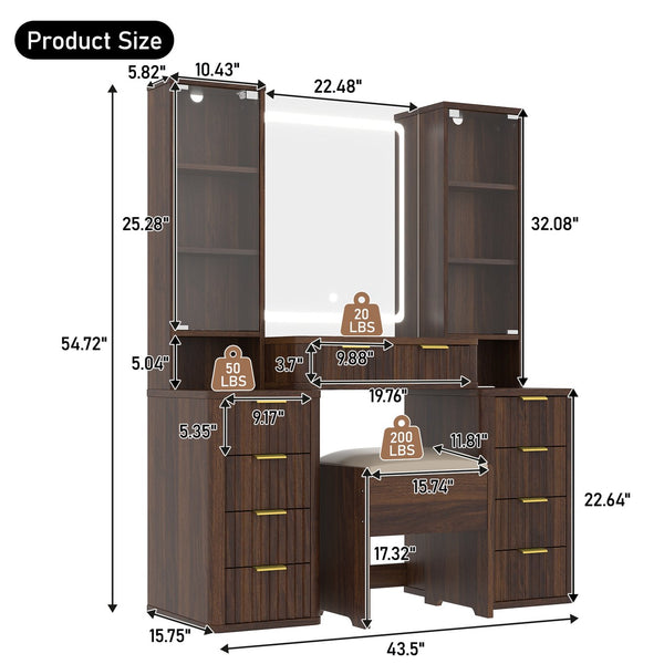 English Elm 43.5" Fluted Makeup Vanity with Led Mirror Glass Top Gold Hardware and Storage Stool Brown N704G202305P
