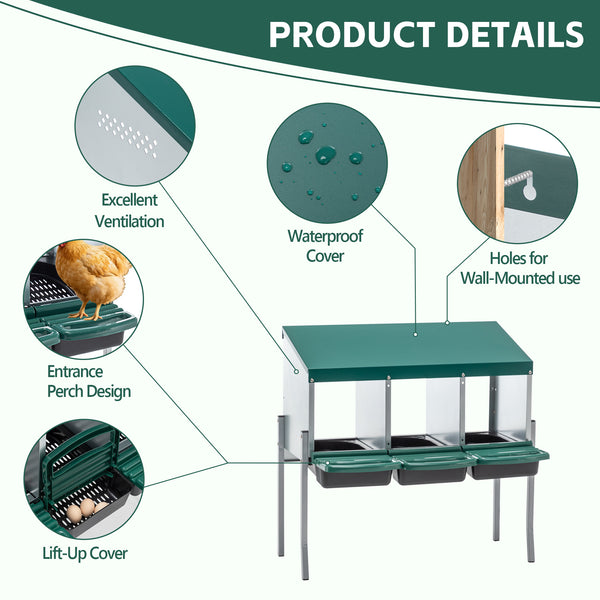 English Elm Nesting Box Galvanized Steel 3 Compartment Chicken Laying Station with Roll Out Tray W1422P292940