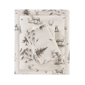 English Elm 4 Pcs King Sheet Set - Cozy Gray Deer Toile Flannel For Ultimate Comfort & Woodland Charm B035P319774