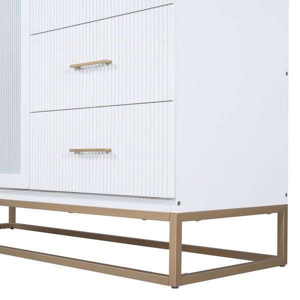 English Elm Murphy Queen Wall Bed with Frosted Glass Cabinet Facade Gold Legs Pine Frame White N820S00028K