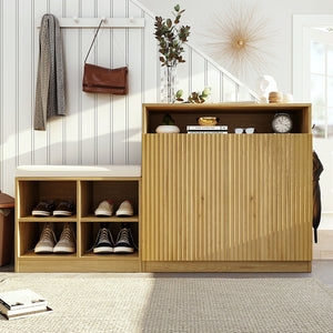 English Elm U_style Entryway Console Set with Wavy Doors Cushioned Bench and Adjustable Shoe Storage N711P345166O