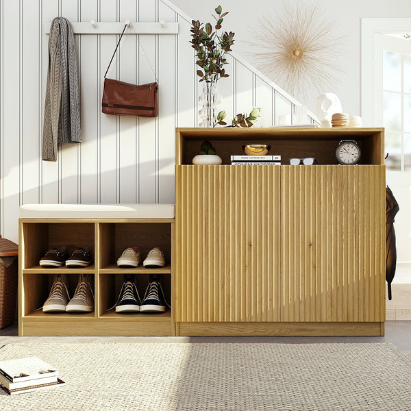 English Elm U_style Entryway Console Set with Wavy Doors Cushioned Bench and Adjustable Shoe Storage N711P345166O