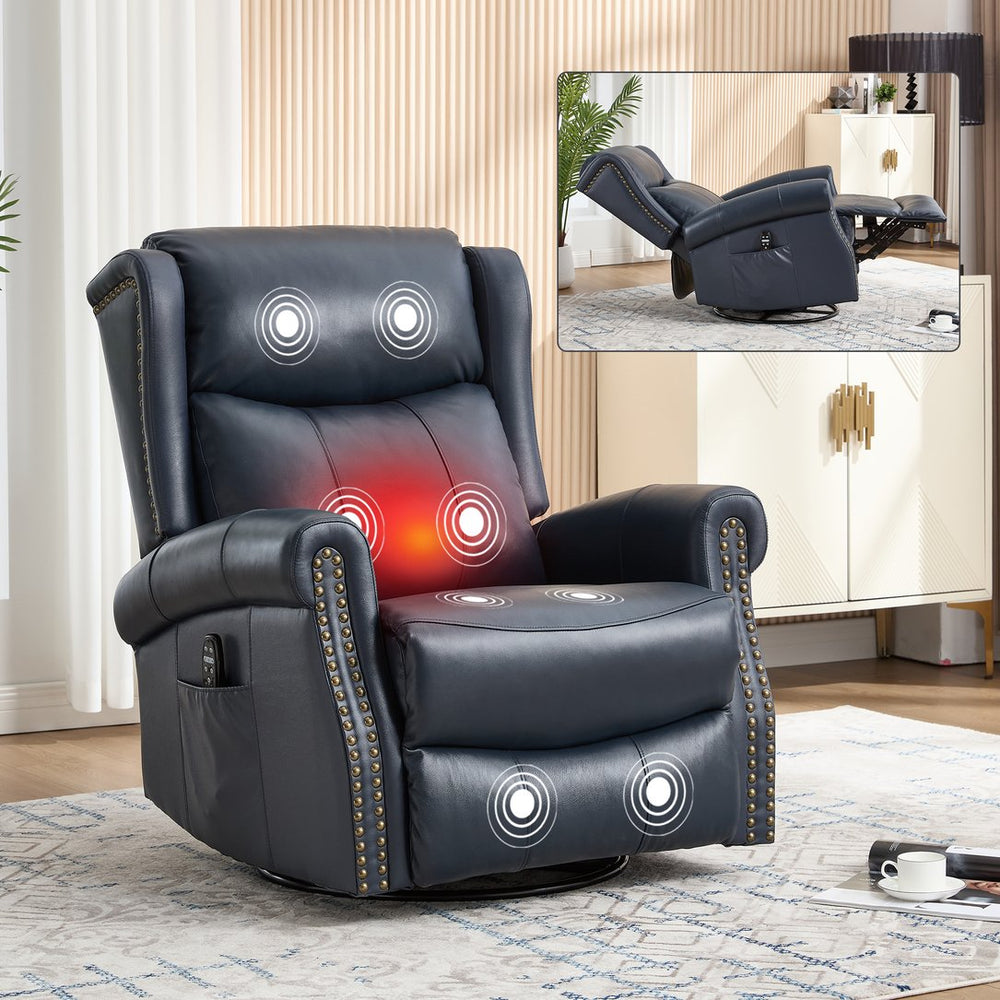 English Elm Heat Massage Rocker Swivel Recliner in Genuine Leather with Lumbar Relief for Living Room W3224S00012