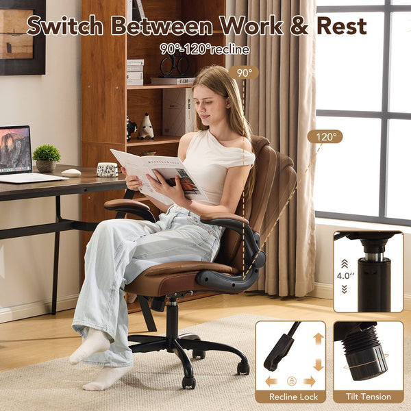 English Elm Leather Executive Desk Chair with Flip up Armrests Lumbar Support and Spring Cushion Brown T5339P459854